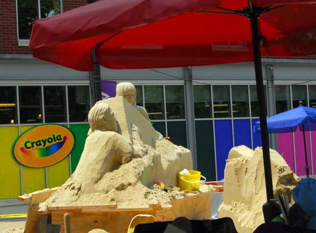 CrayolaSandMasters2 Sand Sculpture by the Sand Masters for the new Travel Channel show. In front of the Crayola Factory. Easton, PA, Lehigh Valley