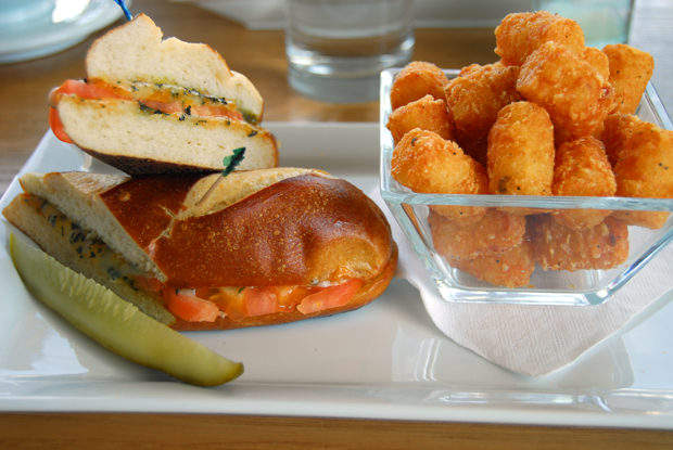 GrilledCheeseAtTheMint Grilled Cheese served on a pretzel roll with tater tots at the Mint, Bethlehem, PA